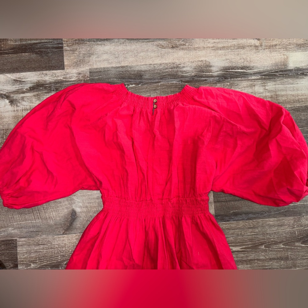Bright Pink Puff-Sleeve Midi Dress with Smocked Waist - Picture 3 of 3